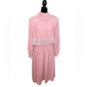 Vintage 80s Jerrie Laurie Pink Lace Faux Pearl Midi Dress